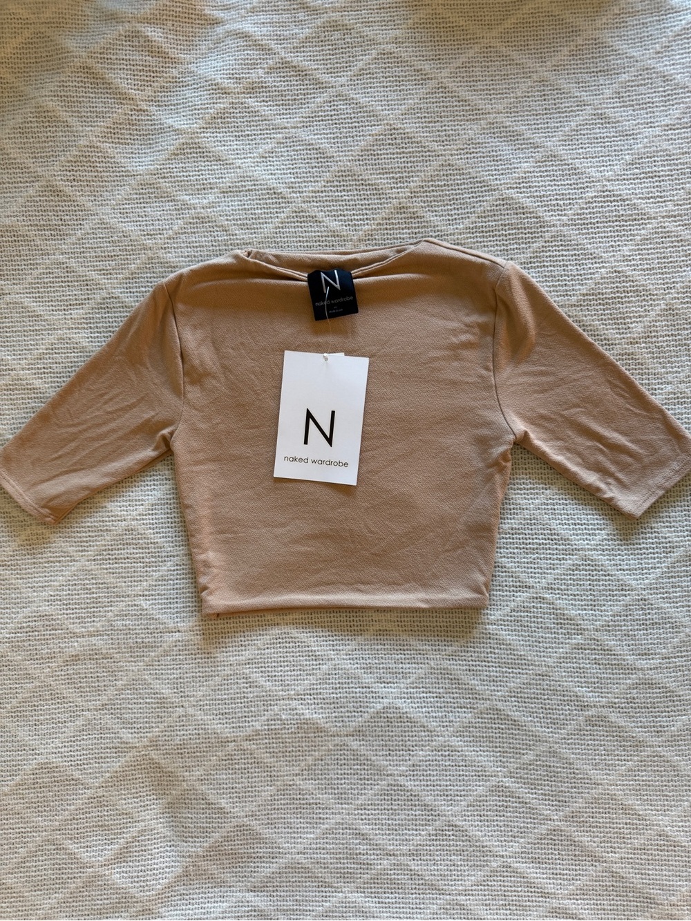 Naked Wardrobe Beige Fitted 3/4 Elbow Sleeve Crop Top